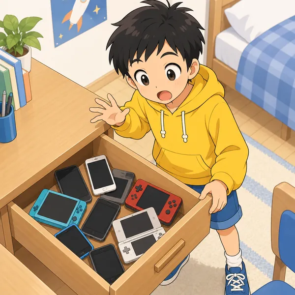 ハルの部屋。ハルが机の引き出しを開けると、古いスマホや小さなゲーム機が何台も入っていて、ハルが驚いている