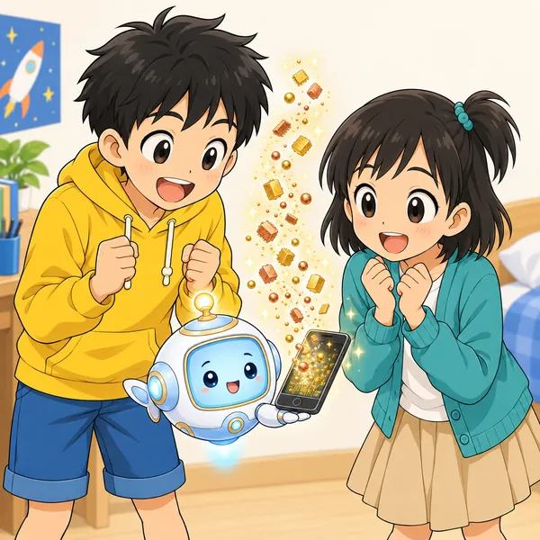 アイがハルとミオのそばに浮かび、手のひらの上に古いスマホをのせて見せている