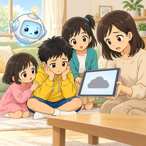 ハルが、母のタブレットで花火大会中止の見出しを見て、がっかりしている。