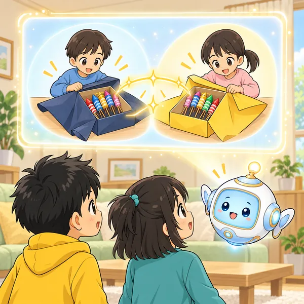 AIロボットが、同じ花火の箱を暗い包み紙と明るい包み紙で包む絵を見せている。