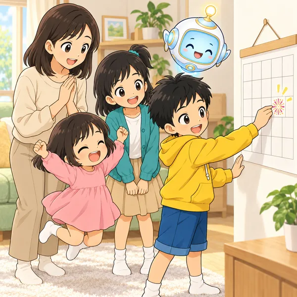 ハルがカレンダーに花火のシールをはって、妹といっしょに喜んでいる。