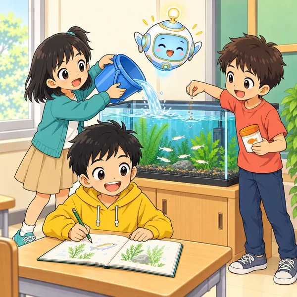 友だちと三人で仕事を分けて、笑顔で世話をしている。