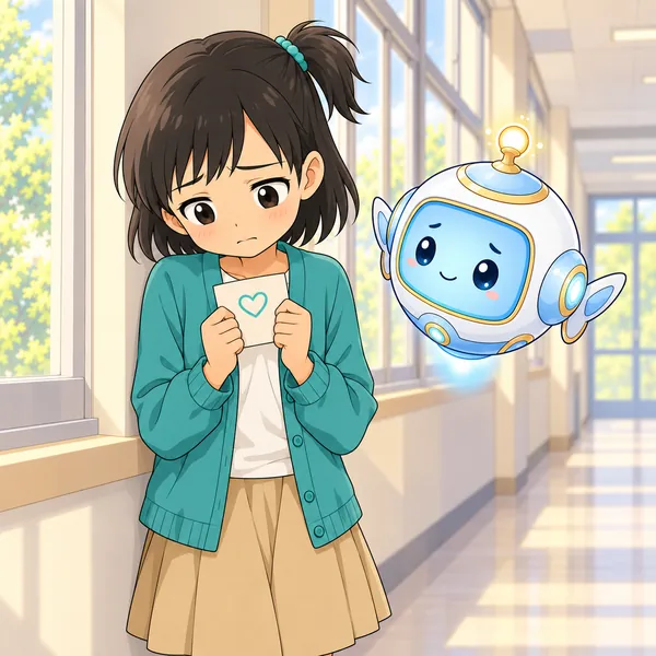 ミオがメモをにぎりしめて、もうだれにも言わないと思っている。