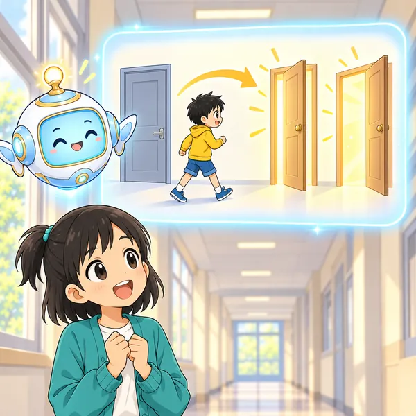 AIロボットが、一つ目のドアから、明かりのついた別のドアへ歩いていく子の絵を見せている。