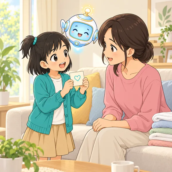 家で、ミオが母にメモを見せて話し、母が手を止めて聞いている。