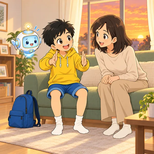 ハルが手でカメの大きさを表して話し、母が聞いている。