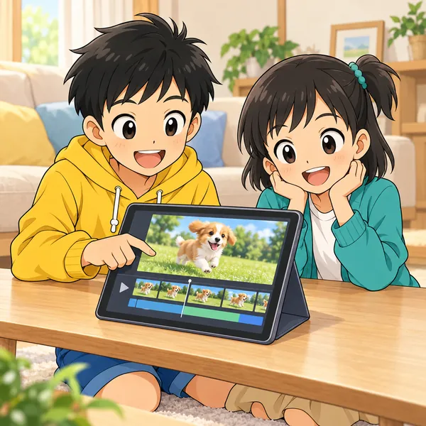 リビングで、ハルがタブレットで犬の動画を編集し、ミオがとなりにいる。