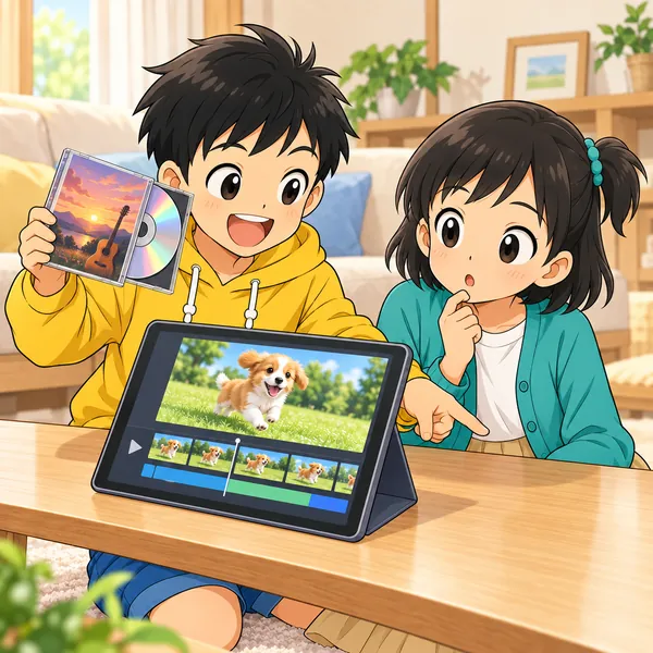 ハルがCDを持って動画に曲を入れようとし、ミオが首をかしげている。