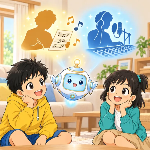 AIロボットが、楽譜で曲を作る人と、スタジオで録音する人のシルエットをうかべている。