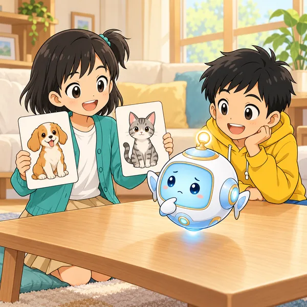 リビングで、ミオが犬とねこの絵カードをAIロボットに見せ、ハルがとなりで見ている。