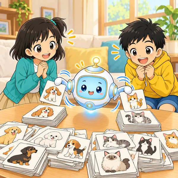 たくさんの絵カードを、AIロボットがすいすい二つの山に分けていて、ハルとミオが感心している。