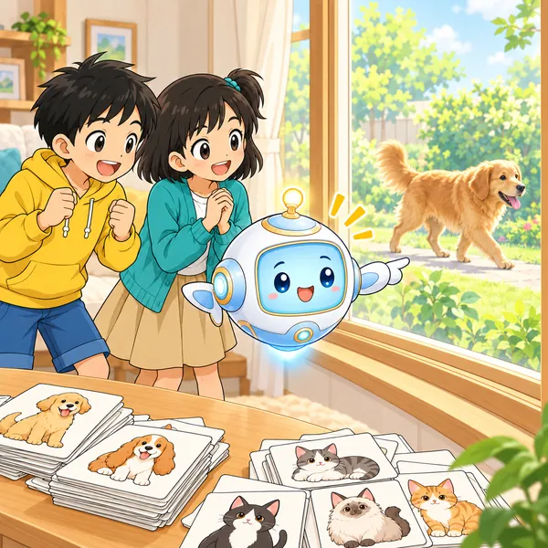 窓の外の本物の犬をAIロボットが指さし、ハルとミオがうれしそうに見ている。