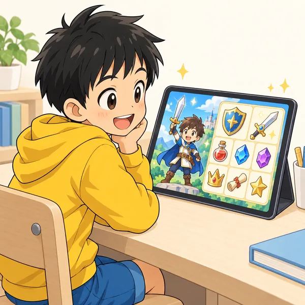 ハルが自分のゲーム画面を見て、長く育てたキャラクターや集めたアイテムをながめ、満足そうにしている