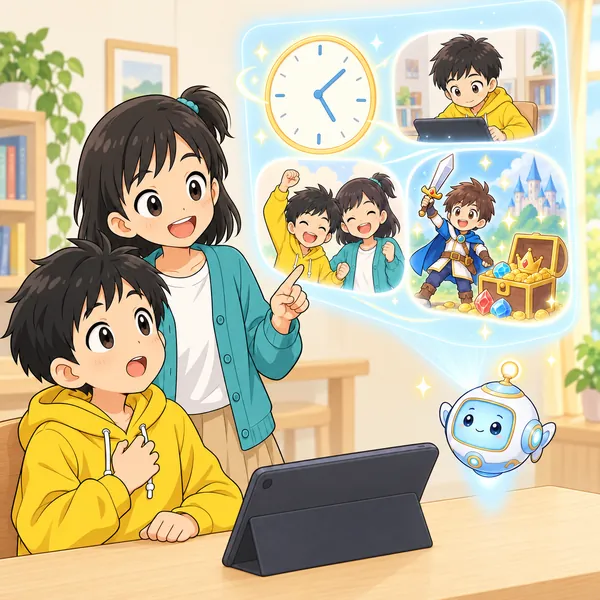 アイとミオがそばに来て、そのアカウントに入っている時間や思い出を示すイメージを見せている