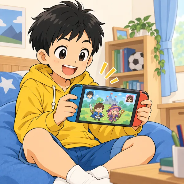 ハルがゲーム機を持って、オンラインで一緒に遊ぶ相手と楽しくチャットをしている