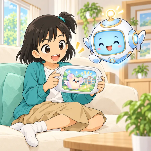 ミオが、ゲームの中のAIキャラと話して楽しんでいる。