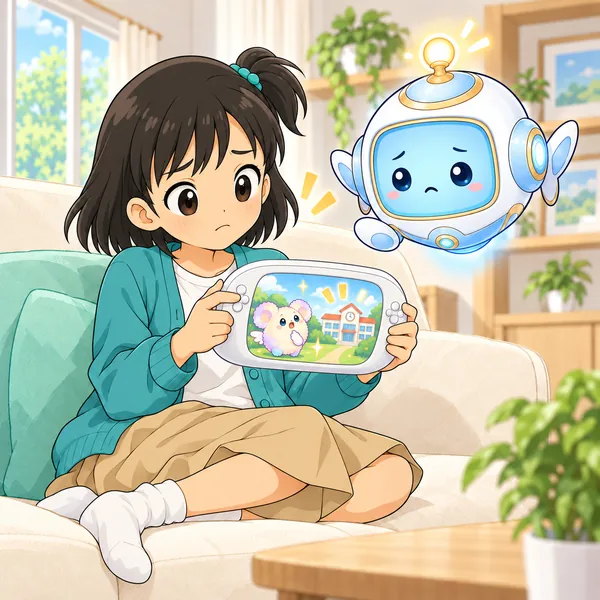 ミオが、学校や誕生日を聞かれて、指を止めてまよっている。
