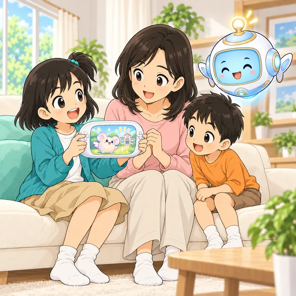 ミオがゲームの画面をお母さんに見せて相談している。