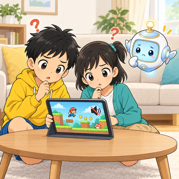 リビングで、音が出なくなったゲームを前に、ハルが首をかしげている。