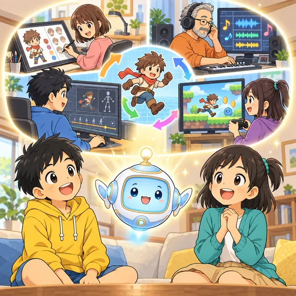 光の窓の中で、絵・音・動き・確かめる係の人たちがそれぞれの机で働いている。