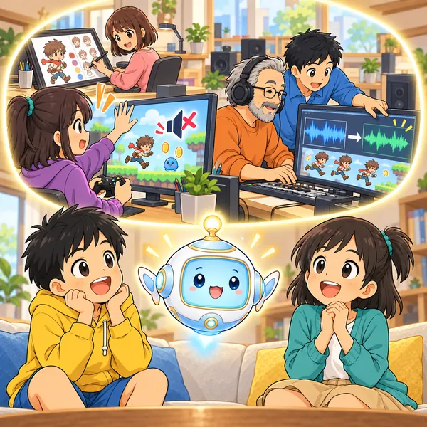 確かめる係が音の不具合に気づき、二人がいっしょに画面をのぞいて直している。