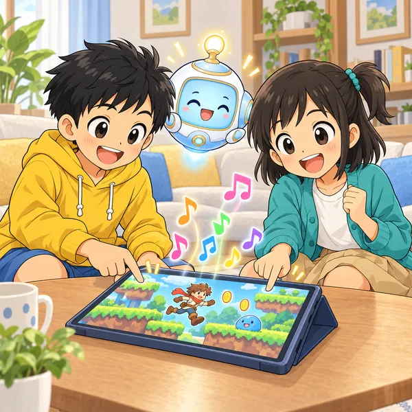 直ったゲームから音符が出て、ハルとミオがうれしそうに遊んでいる。