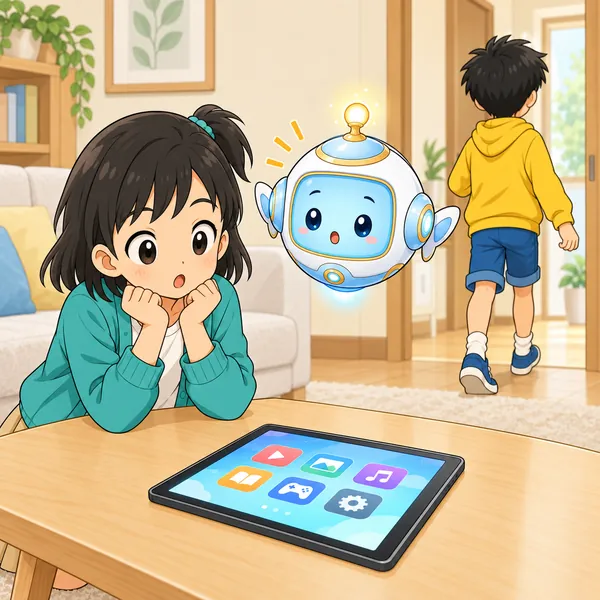 ハルがロックを解いたままタブレットを置いて部屋を出ようとし、ミオが見ている。