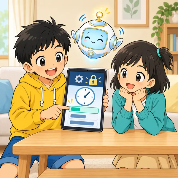 ハルが自動ロックの設定を選び、ミオとAIロボットといっしょに笑っている。