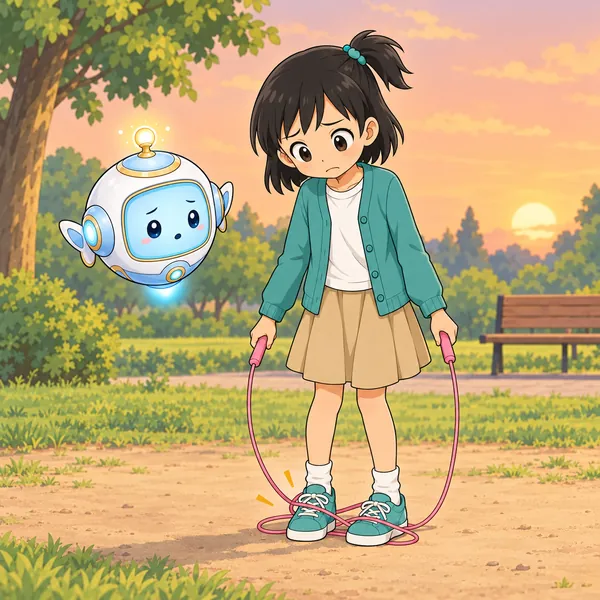 公園で、ミオのなわとびが足にひっかかって止まっている。