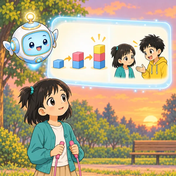 AIロボットが、毎日少しずつ積み上がる塔と、向き合って話す二人の絵を見せている。