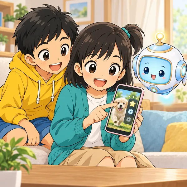 ミオがスマートフォンで、いちばん高い画質の印を選んでいる。ハルとAIロボットがそばにいる。