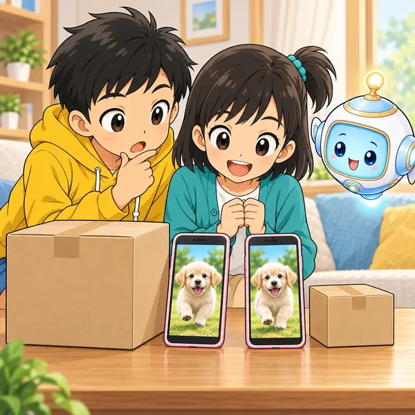 同じ子犬の動画がうつる2つの小さな画面が並び、片方に大きな箱、片方に小さな箱がある。ハルが見比べている。