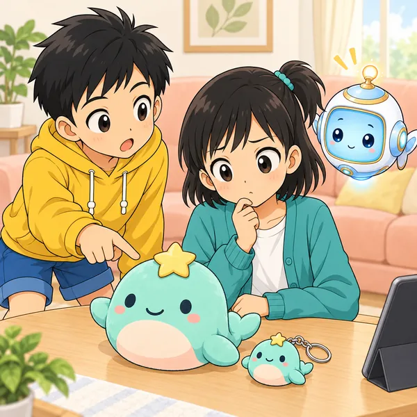 ハルが、もう持っているグッズを指さして、本当にほしいのかたずねている。