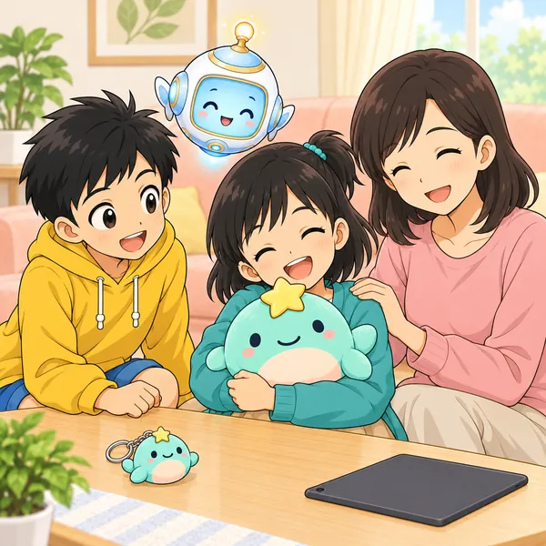 ミオがお気に入りのぬいぐるみをだきしめ、すっきりした顔で笑っている。