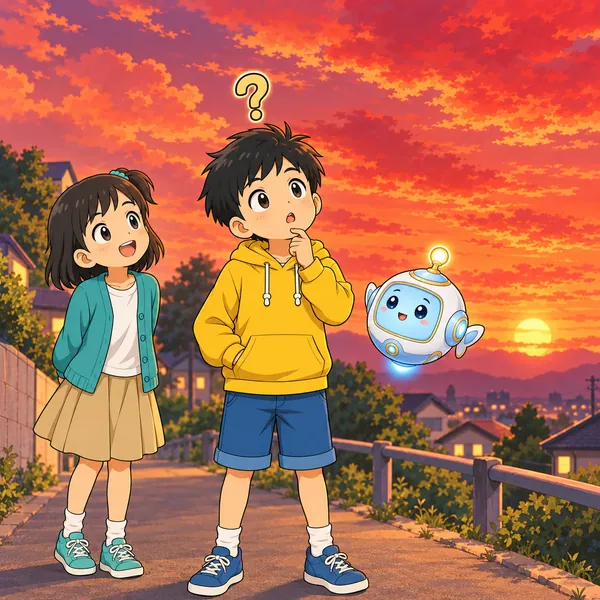 帰り道、ハルが夕焼けを見上げて、どうして赤いのかとふしぎに思っている。