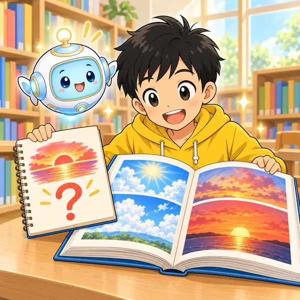 週末、ハルがふしぎノートを開いて、図書館で空の図鑑を見ている。