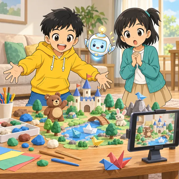 ハルが、テーブルいっぱいに人形や道具を並べて、大ぼうけんのアニメを作ろうとしている。