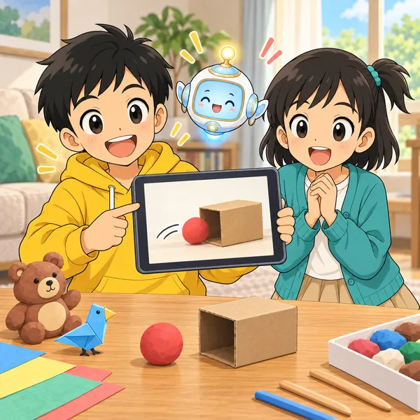 ボールが箱にかくれる短いアニメを作りきり、ハルとミオが笑顔。