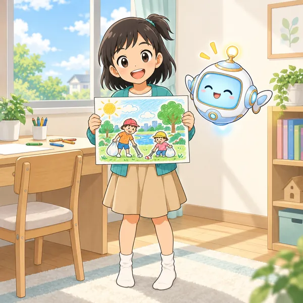 ミオが、できあがったポスターを持ち上げている。