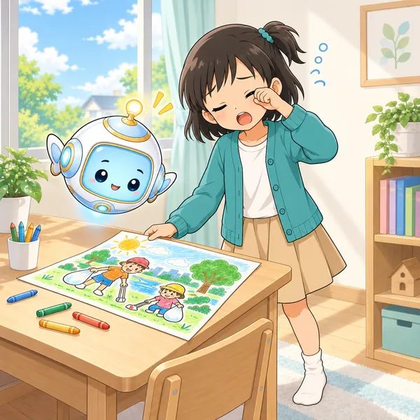 ミオが目をこすって、ポスターを置こうとしている。