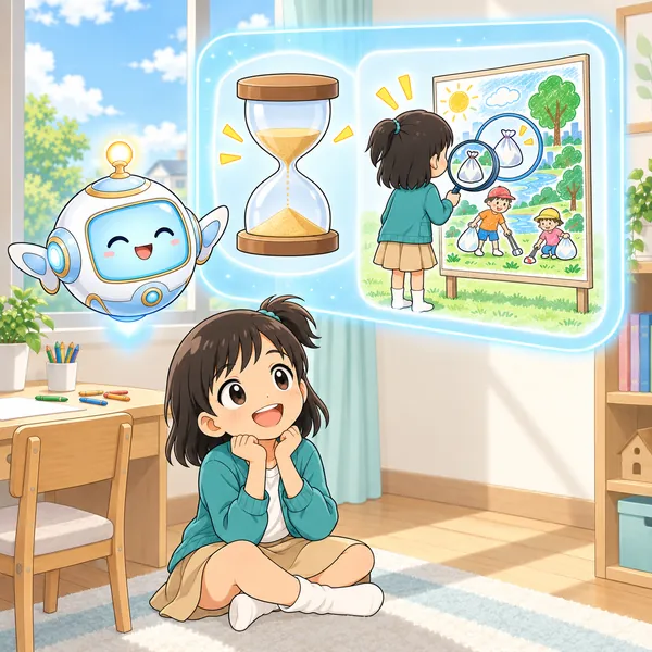AIロボットが、時間をおいてポスターを見直す絵を見せている。