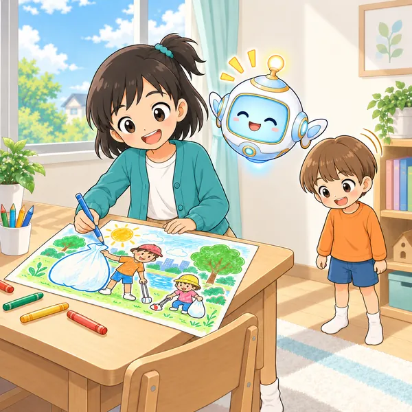 ミオがポスターの絵を大きく描き直し、弟が見ている。