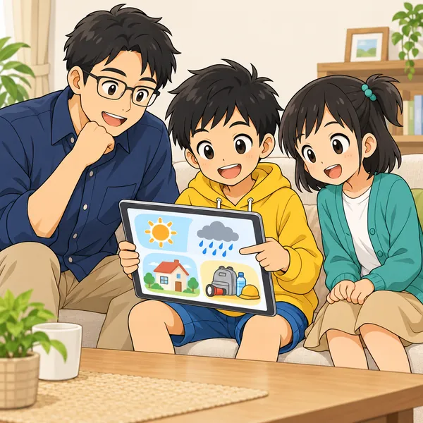 リビングでハルがタブレットで防災のページを見ていて、お父さんとミオがとなりにいる。