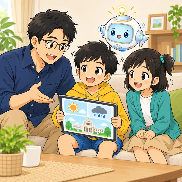 ハルとミオがタブレットを見ながらお父さんにうなずき、AIロボットがにっこりしている。