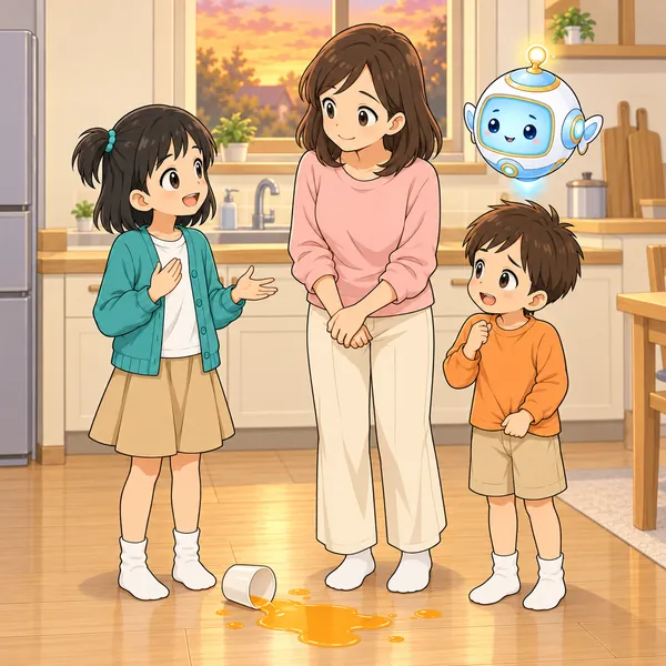 ミオが落ちついて話し、母がうなずき、弟が自分から手をあげかけている。