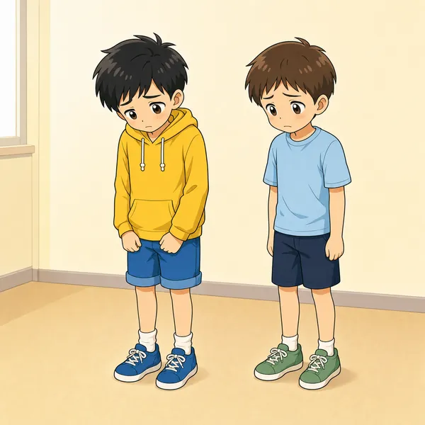 ハルが友だちを傷つけてしまい、気まずそうにうつむいている