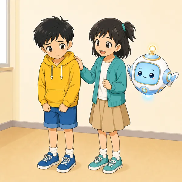 ミオとアイが、ごまかさずに自分の言葉であやまろうと、やさしく背中を押している