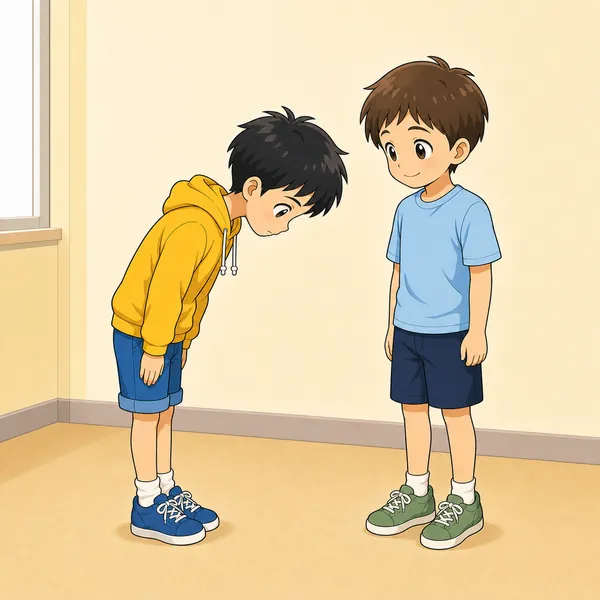 ハルが友だちにまっすぐ向き合って頭を下げてあやまり、友だちの表情がやわらいで仲直りする