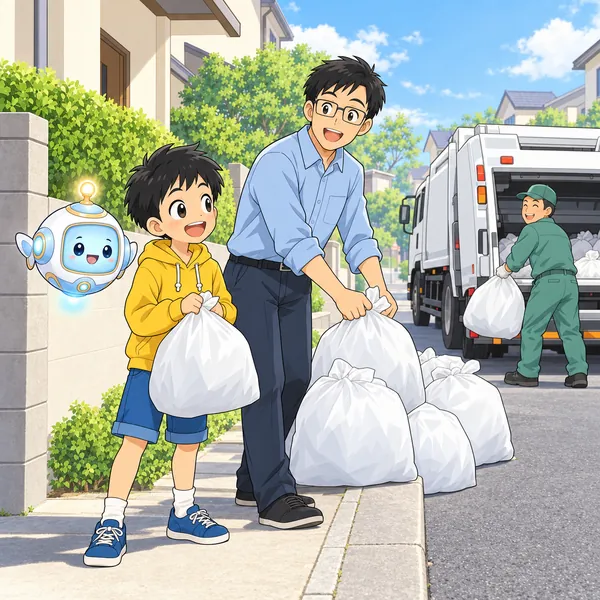 ハルと父が、ごみぶくろを出している。遠くに収集車。
