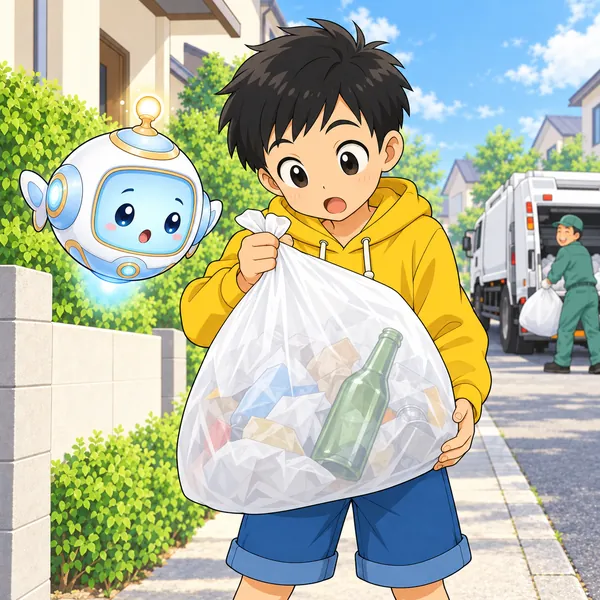 ハルがごみぶくろの中のびんに気づいている。